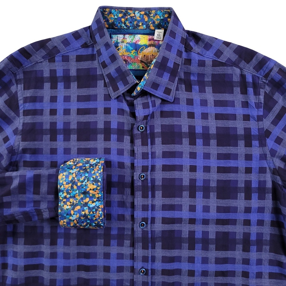 Robert Graham Shirt Men XL Blue Kaleidoscope Mosaic Flip Cuff Classic Button Up